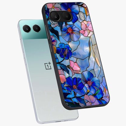 Eternal Floral Stained Glass Case for 1+Nord 4 angled mockup showcasing glossy finish and vibrant mosaic textures