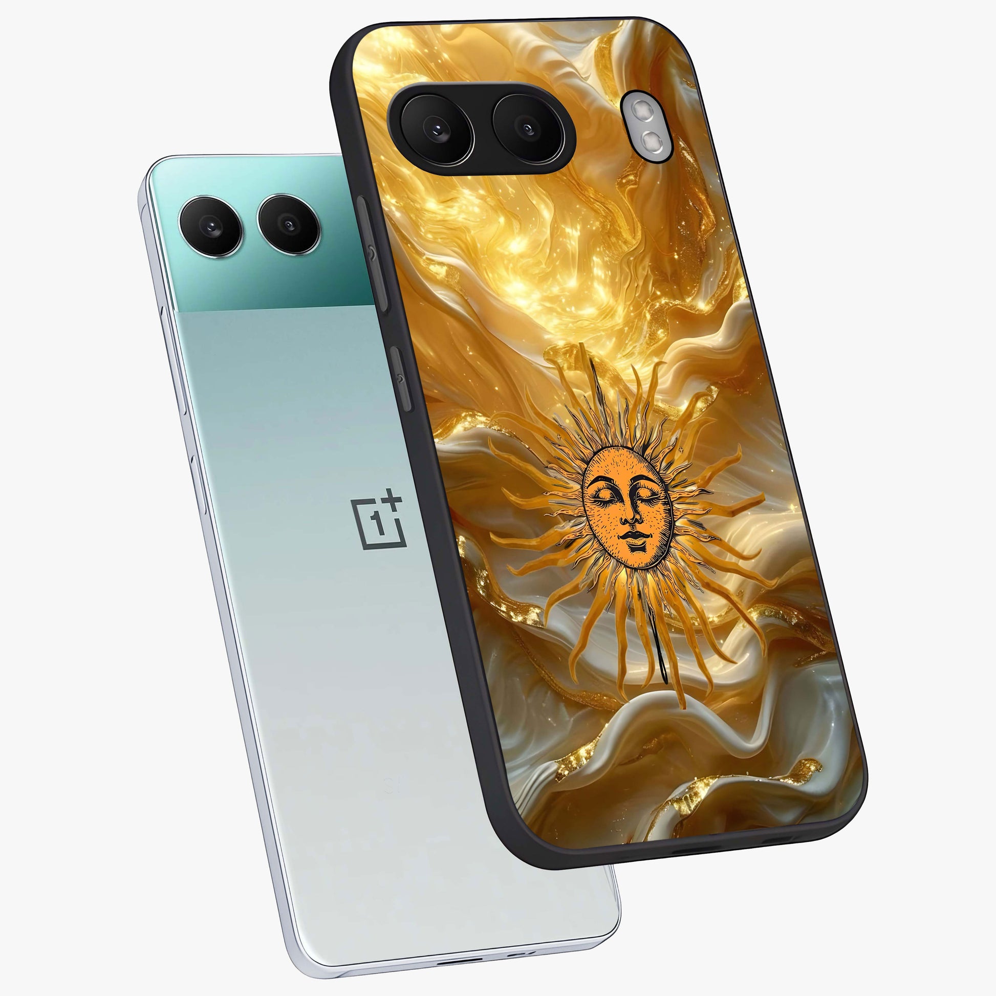 Eternal Golden Glow Glass Case for 1+Nord 4 angled mockup showcasing glossy glass finish and luminous gold tones