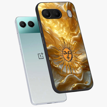 Eternal Golden Glow Glass Case for 1+Nord 4 angled mockup showcasing glossy glass finish and luminous gold tones