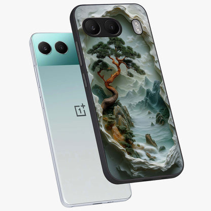 Eternal Nature Spirit Glass Case for 1+Nord 4 angled mockup showcasing glossy finish and calming botanical tones