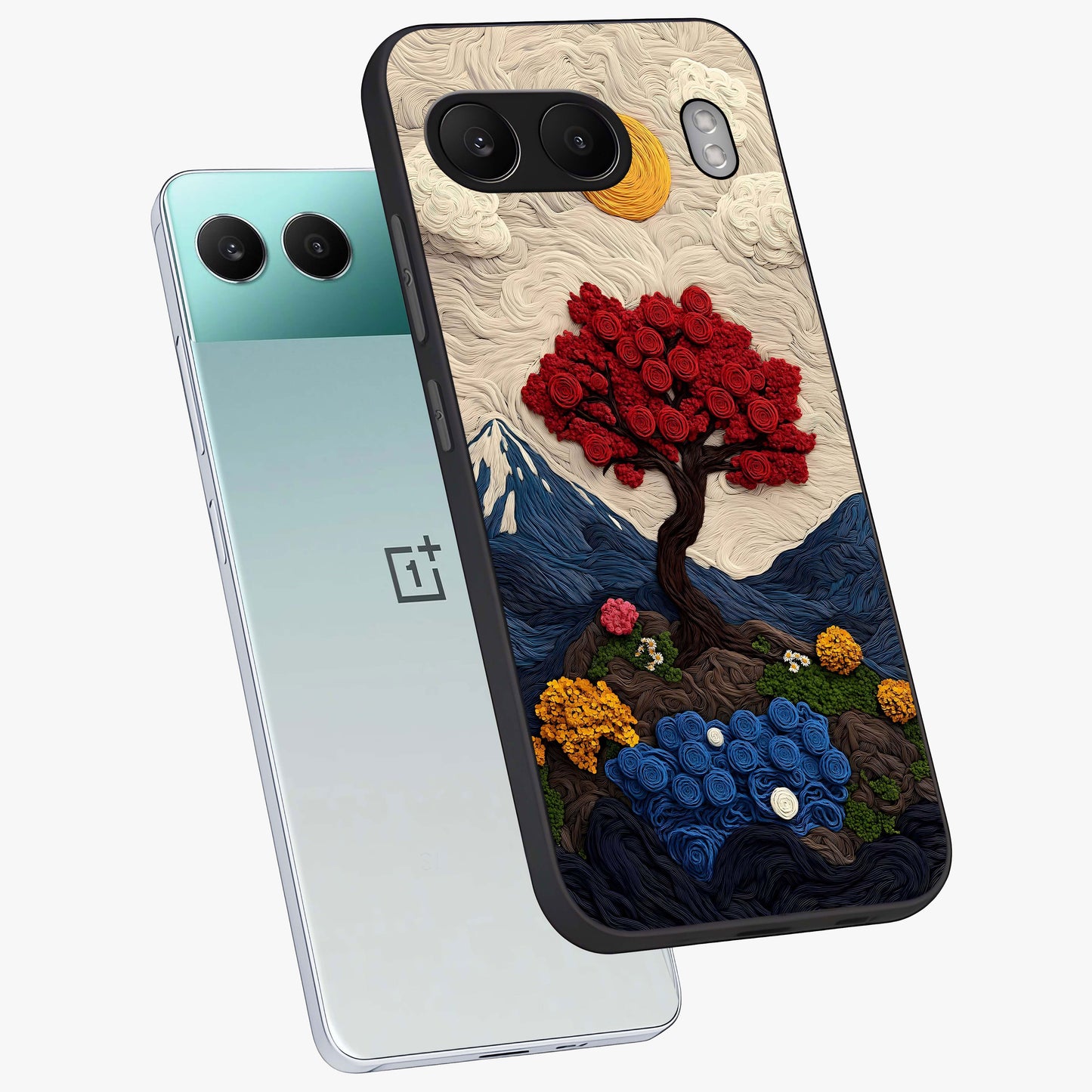 Eternal Nature Tapestry Glass Case for 1+Nord 4 angled mockup showcasing glossy finish and detailed botanical patterns