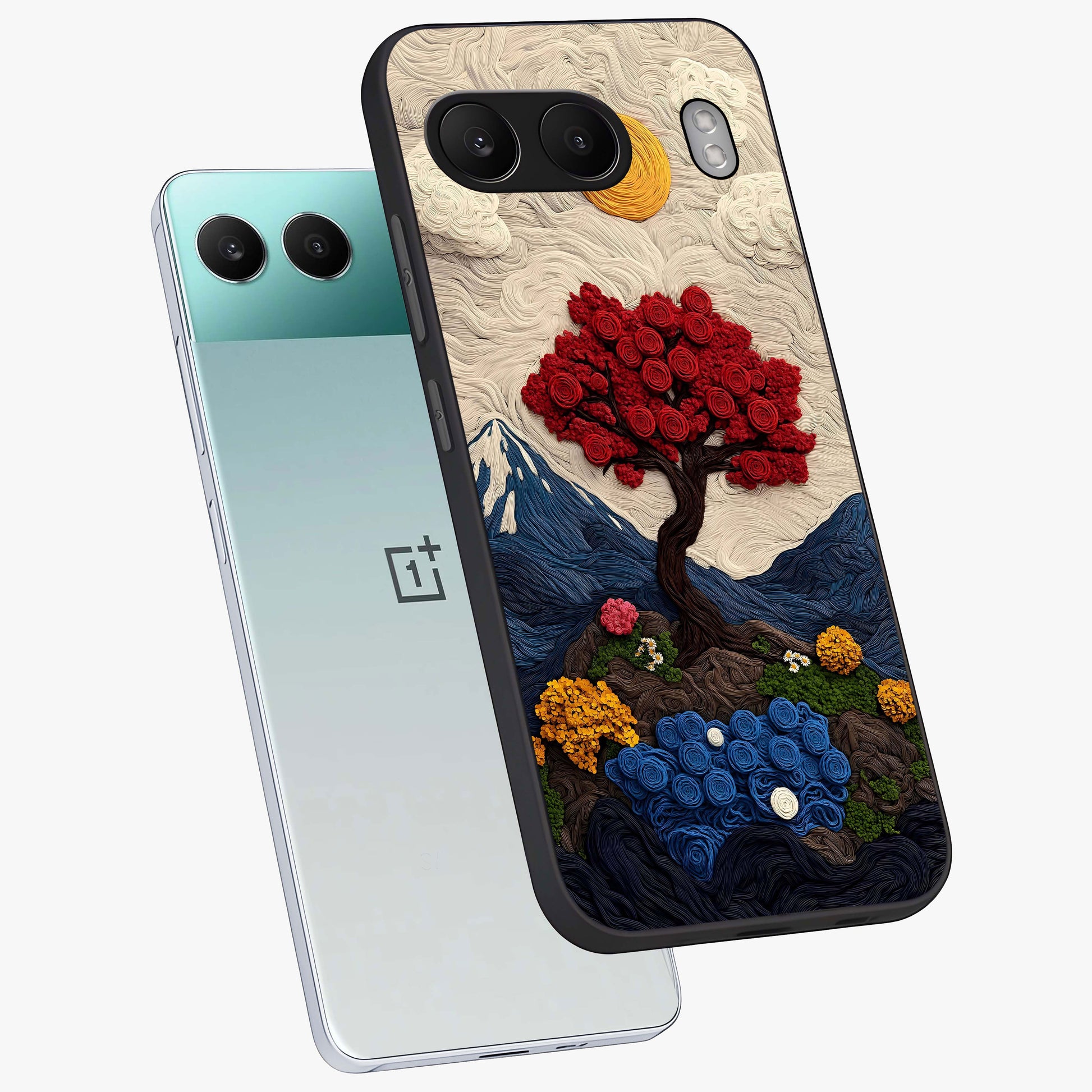Eternal Nature Tapestry Glass Case for 1+Nord 4 angled mockup showcasing glossy finish and detailed botanical patterns