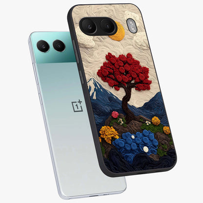 Eternal Nature Tapestry Glass Case for 1+Nord 4 angled mockup showcasing glossy finish and detailed botanical patterns
