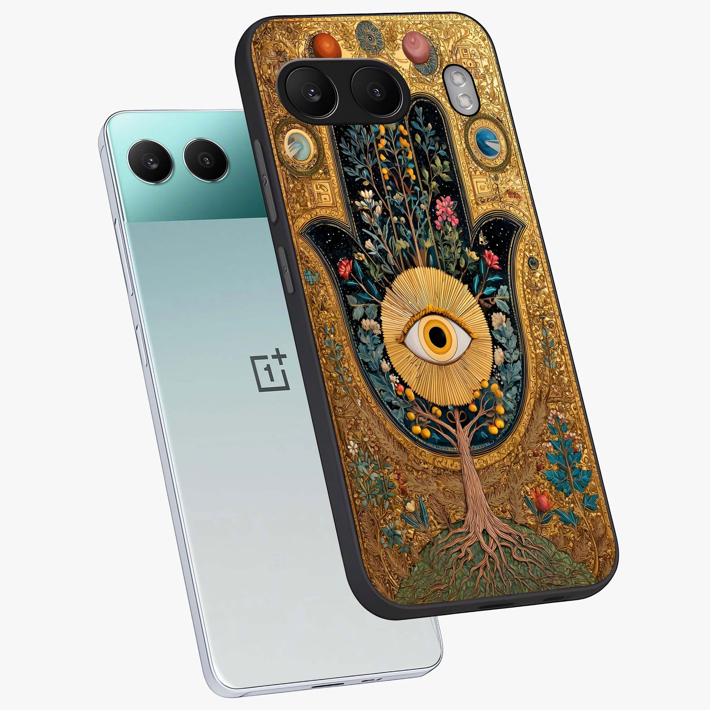 Ethereal Evil Eye Glass Case for 1+Nord 4 angled mockup showcasing glossy finish and celestial blue tones