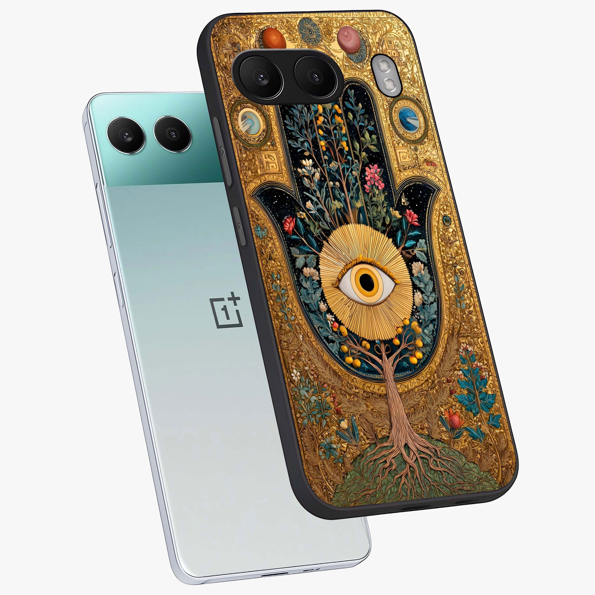 Ethereal Evil Eye Glass Case for 1+Nord 4 angled mockup showcasing glossy finish and celestial blue tones
