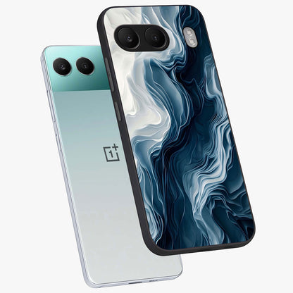Ethereal Paper Marble Glass Case for 1+Nord 4 angled mockup showcasing glossy finish and soft blended textures