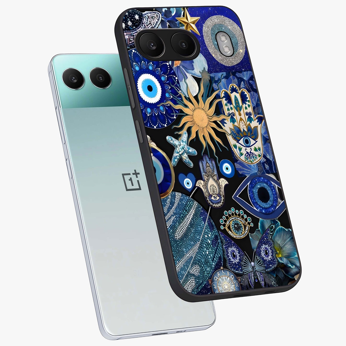 Evil Eye Charm Mix Glass Case for 1+Nord 4 angled mockup showcasing glossy finish and bold blue tones