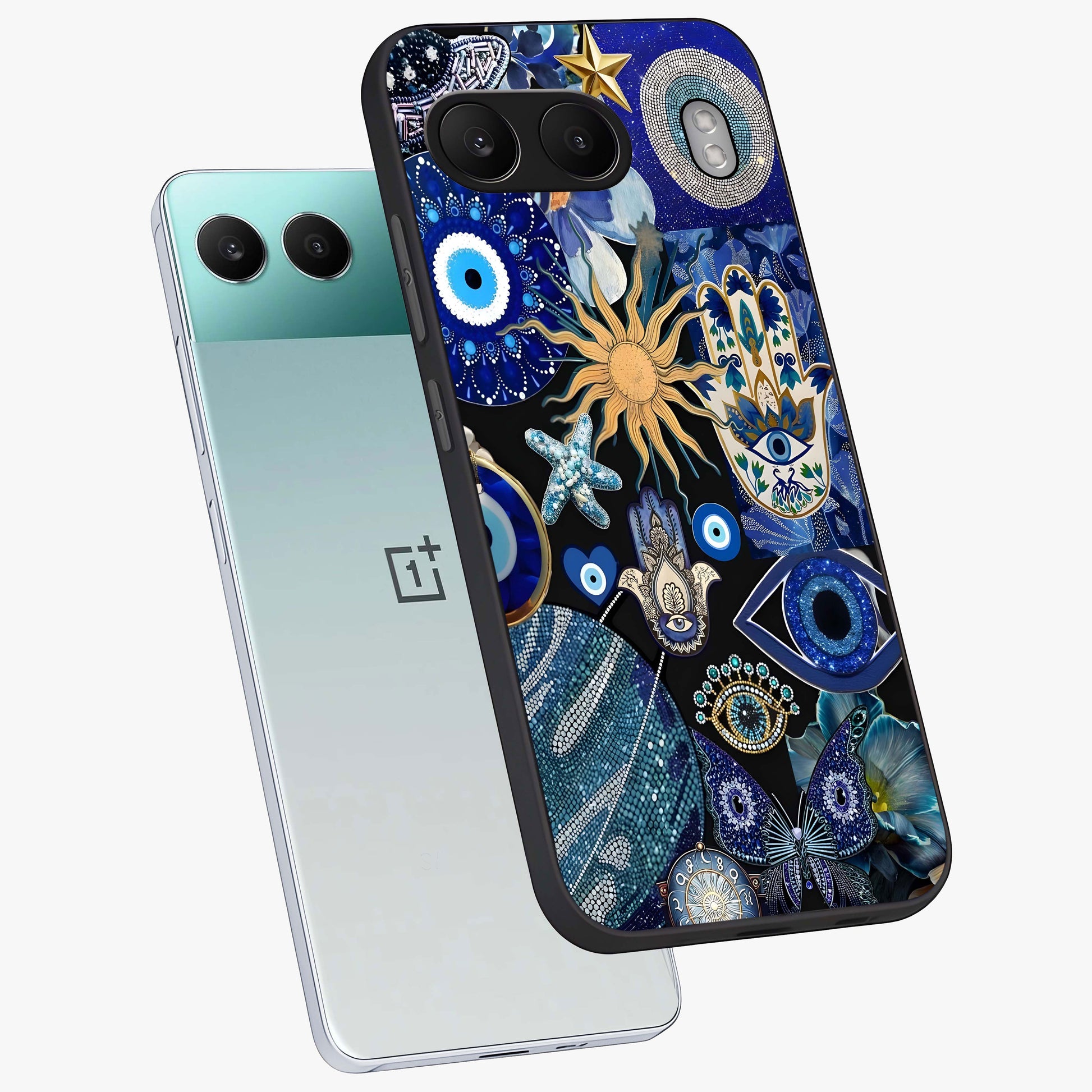 Evil Eye Charm Mix Glass Case for 1+Nord 4 angled mockup showcasing glossy finish and bold blue tones