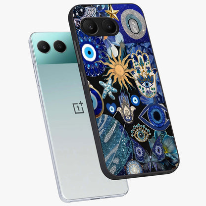 Evil Eye Charm Mix Glass Case for 1+Nord 4 angled mockup showcasing glossy finish and bold blue tones
