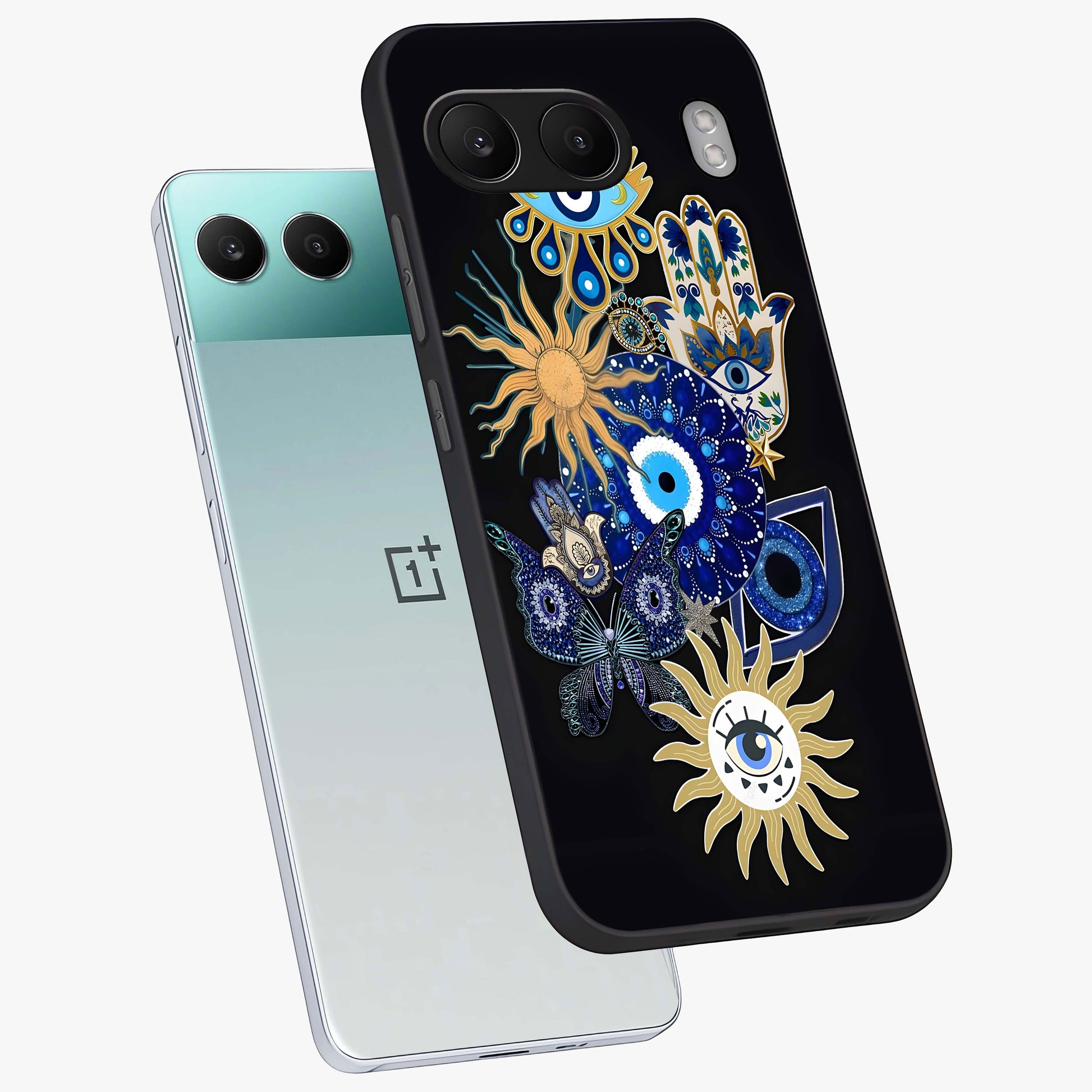 Evil Eye Charm Vibes Glass Case for 1+Nord 4 angled mockup showcasing glossy finish and protective symbol detailing