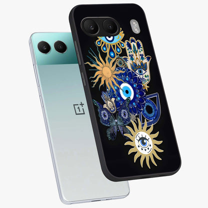 Evil Eye Charm Vibes Glass Case for 1+Nord 4 angled mockup showcasing glossy finish and protective symbol detailing