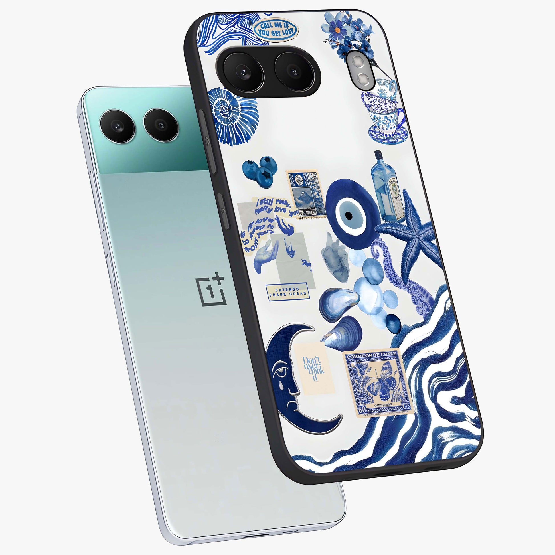 Evil Eyes Dark Blue Glass Case for 1+Nord 4 angled mockup showcasing glossy finish and rich navy tones