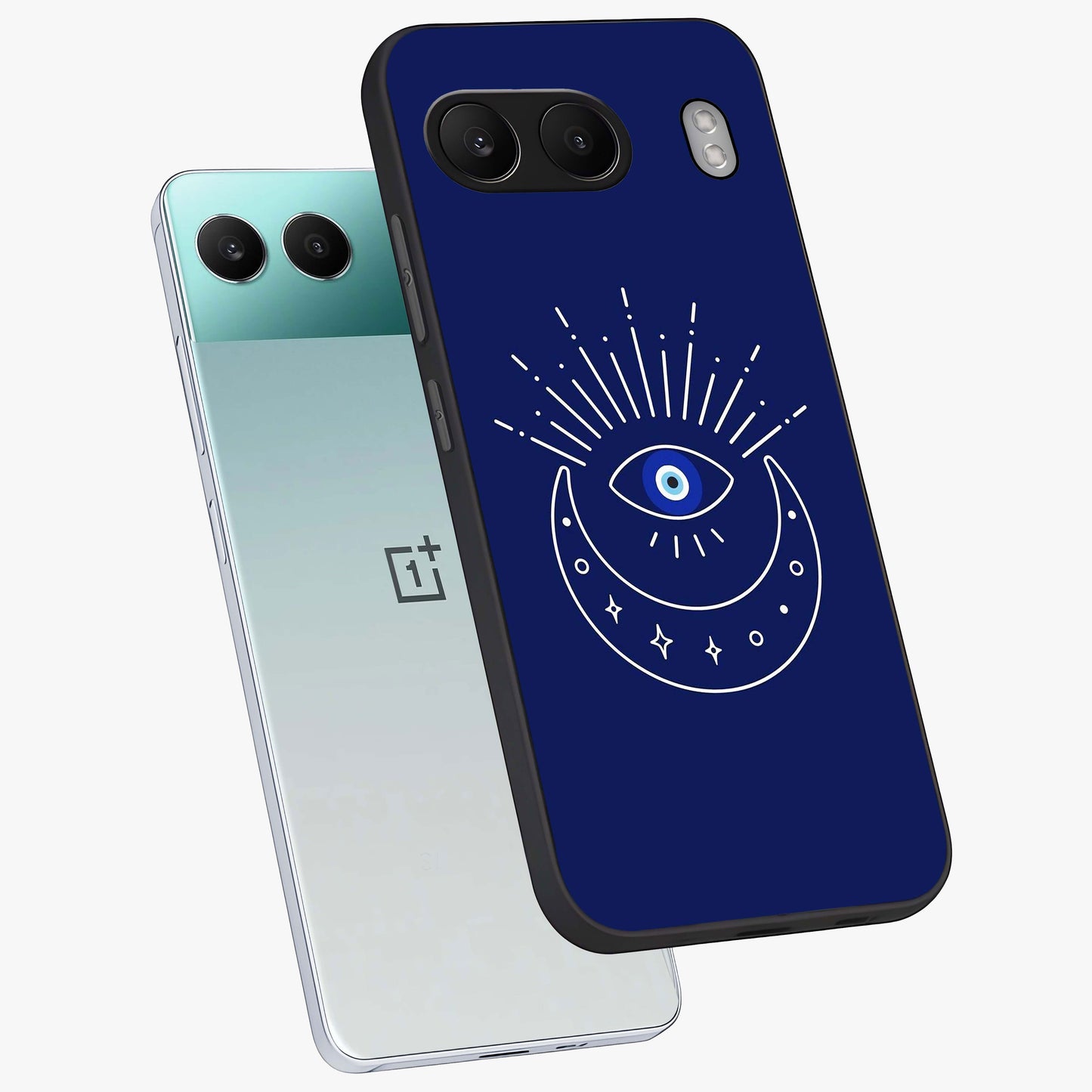 Evil Eye With Blue Themed Collage Glass Case for 1+Nord 4 angled mockup showcasing glossy finish and layered blue textures