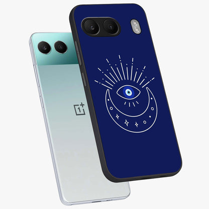 Evil Eye With Blue Themed Collage Glass Case for 1+Nord 4 angled mockup showcasing glossy finish and layered blue textures