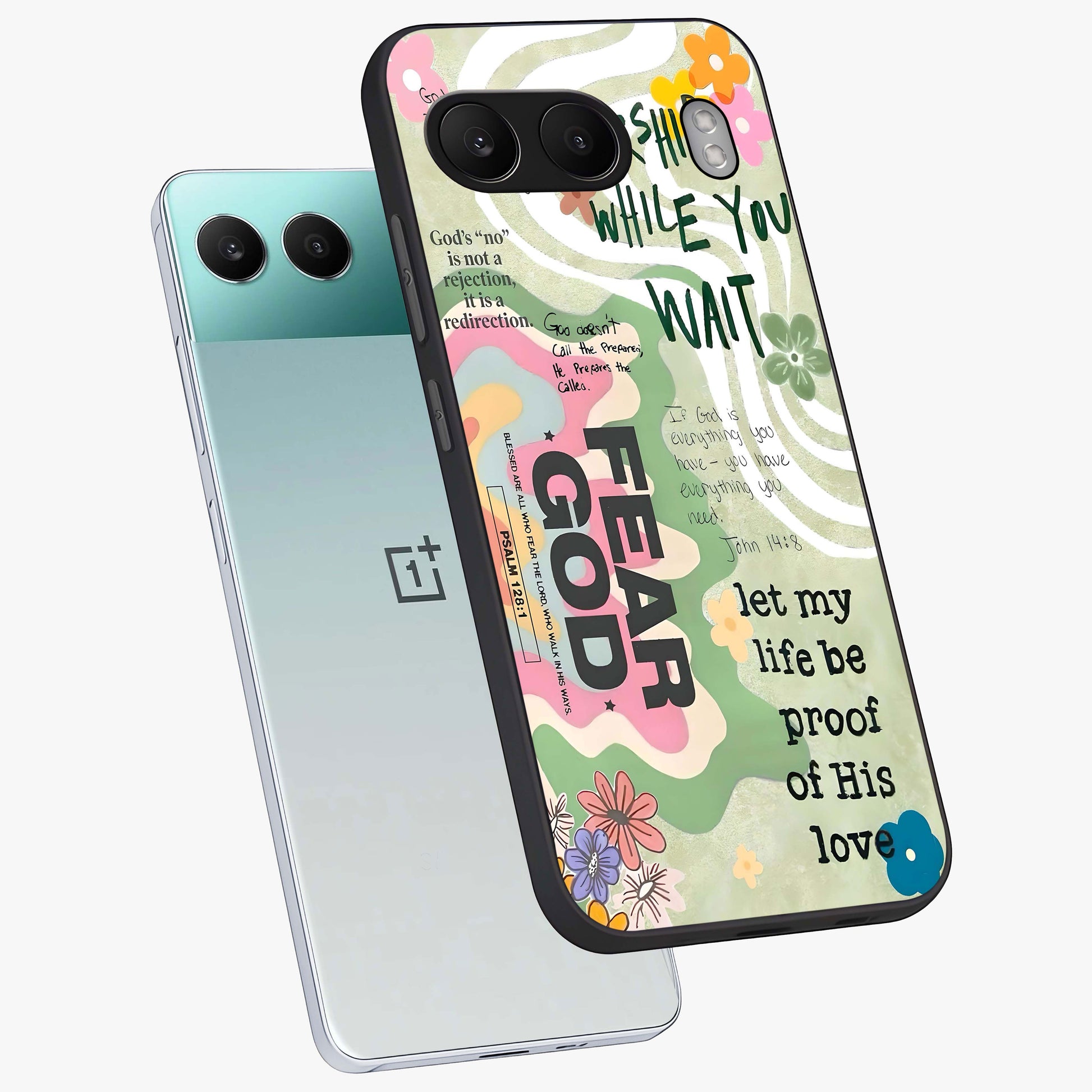 Faith Over Fear Glass Case for 1+Nord 4 angled mockup showcasing glossy finish and clean modern design