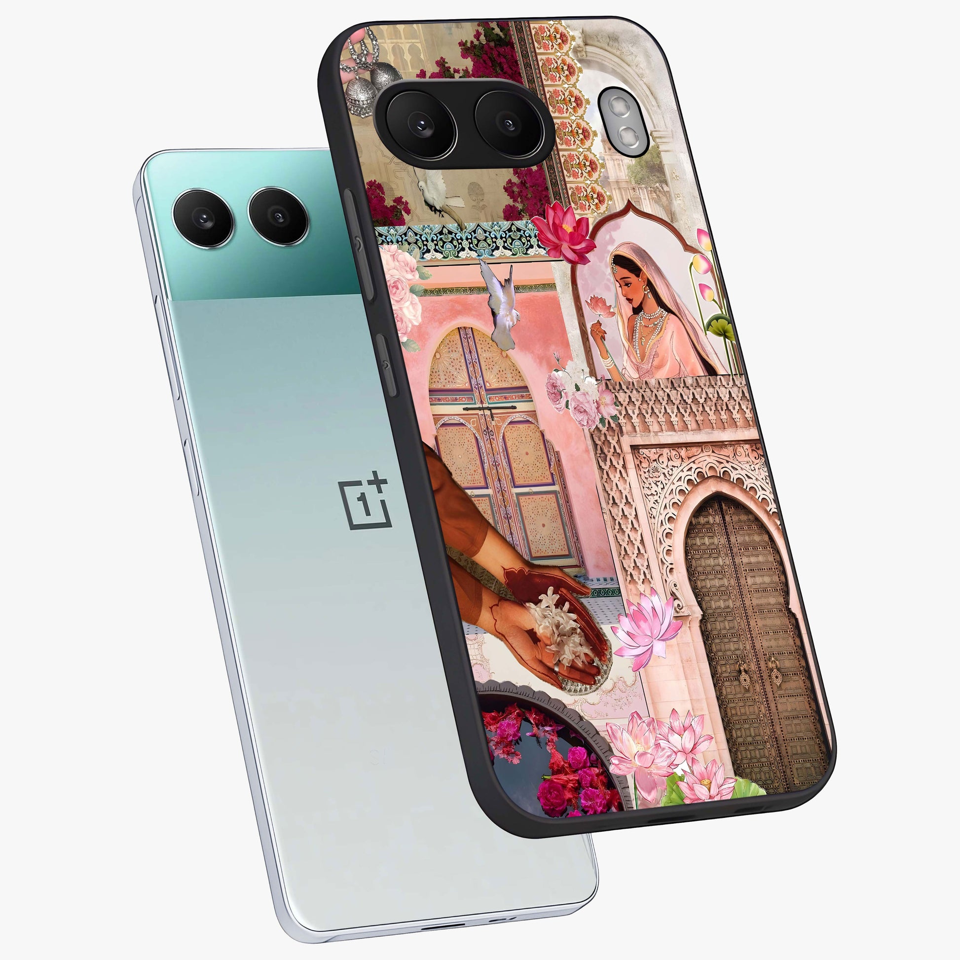 Floral Courtyard Muse Glass Case for 1+Nord 4 angled mockup showcasing glossy finish and delicate bloom detailing