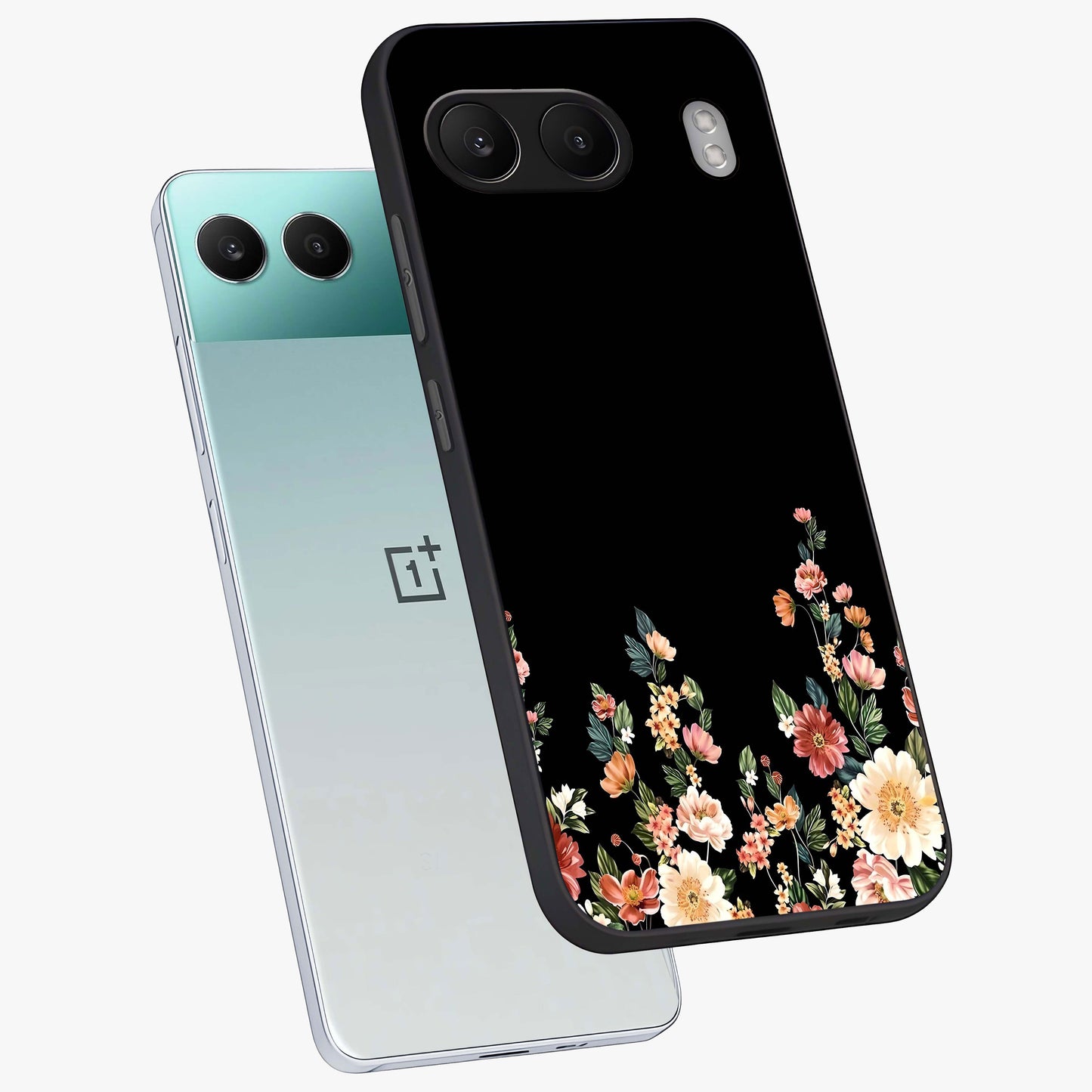Floral Design With a Custom Personalized Name Glass Case for 1+Nord 4 angled mockup showcasing glossy finish and elegant bloom detailing