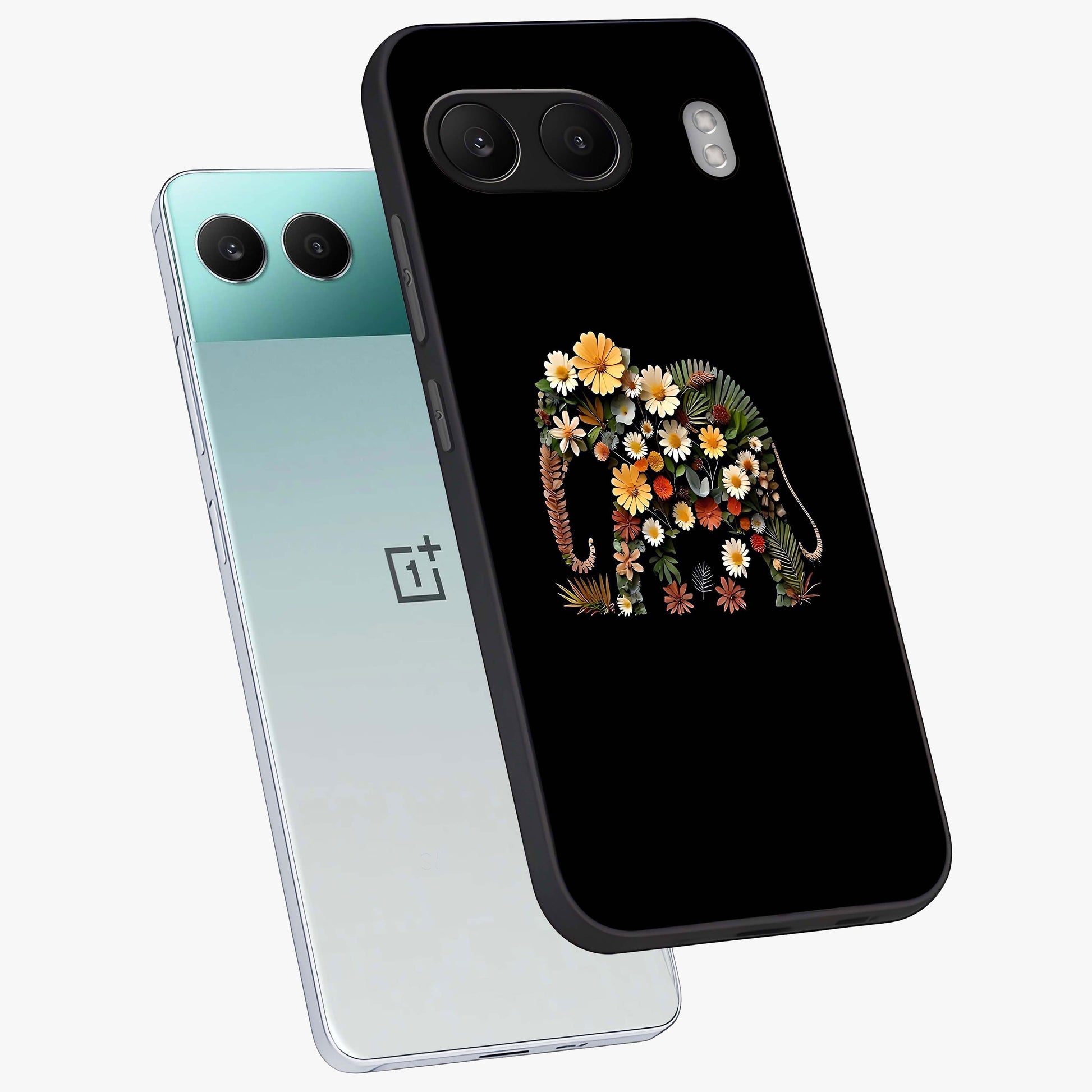 Floral Elephant Glass Case for 1+Nord 4 angled mockup showcasing glossy finish and vibrant cultural tones