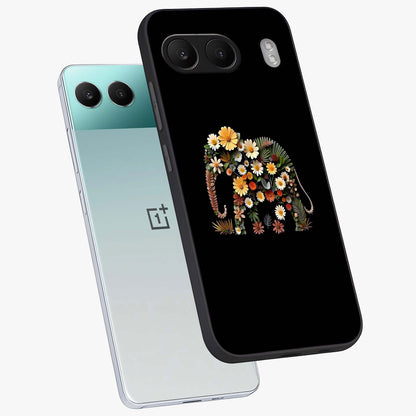 Floral Elephant Glass Case for 1+Nord 4 angled mockup showcasing glossy finish and vibrant cultural tones