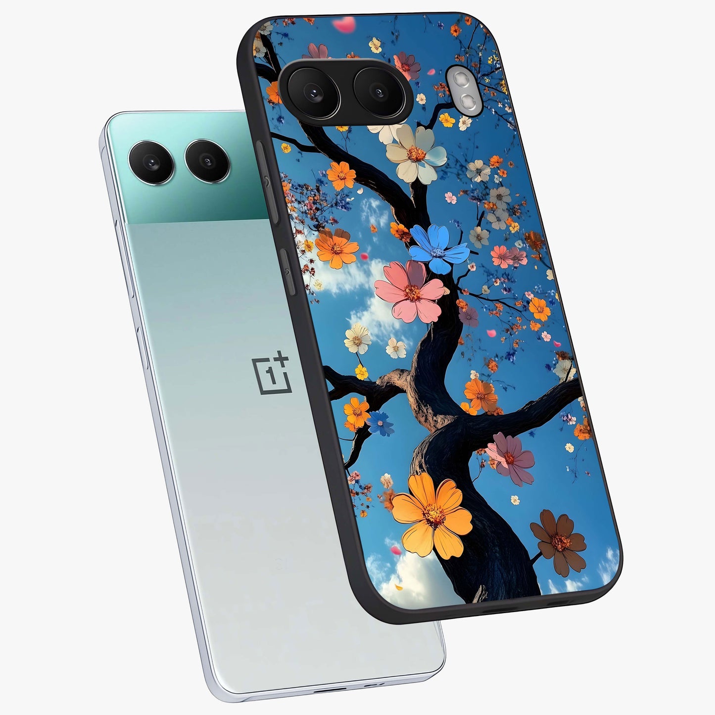 Floral Tree Glass Case for 1+Nord 4 angled mockup showcasing glossy finish and detailed branch textures
