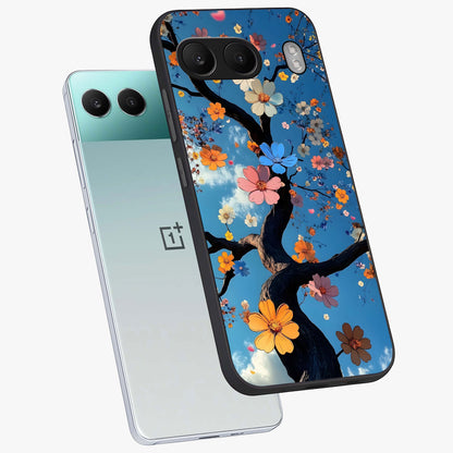 Floral Tree Glass Case for 1+Nord 4 angled mockup showcasing glossy finish and detailed branch textures