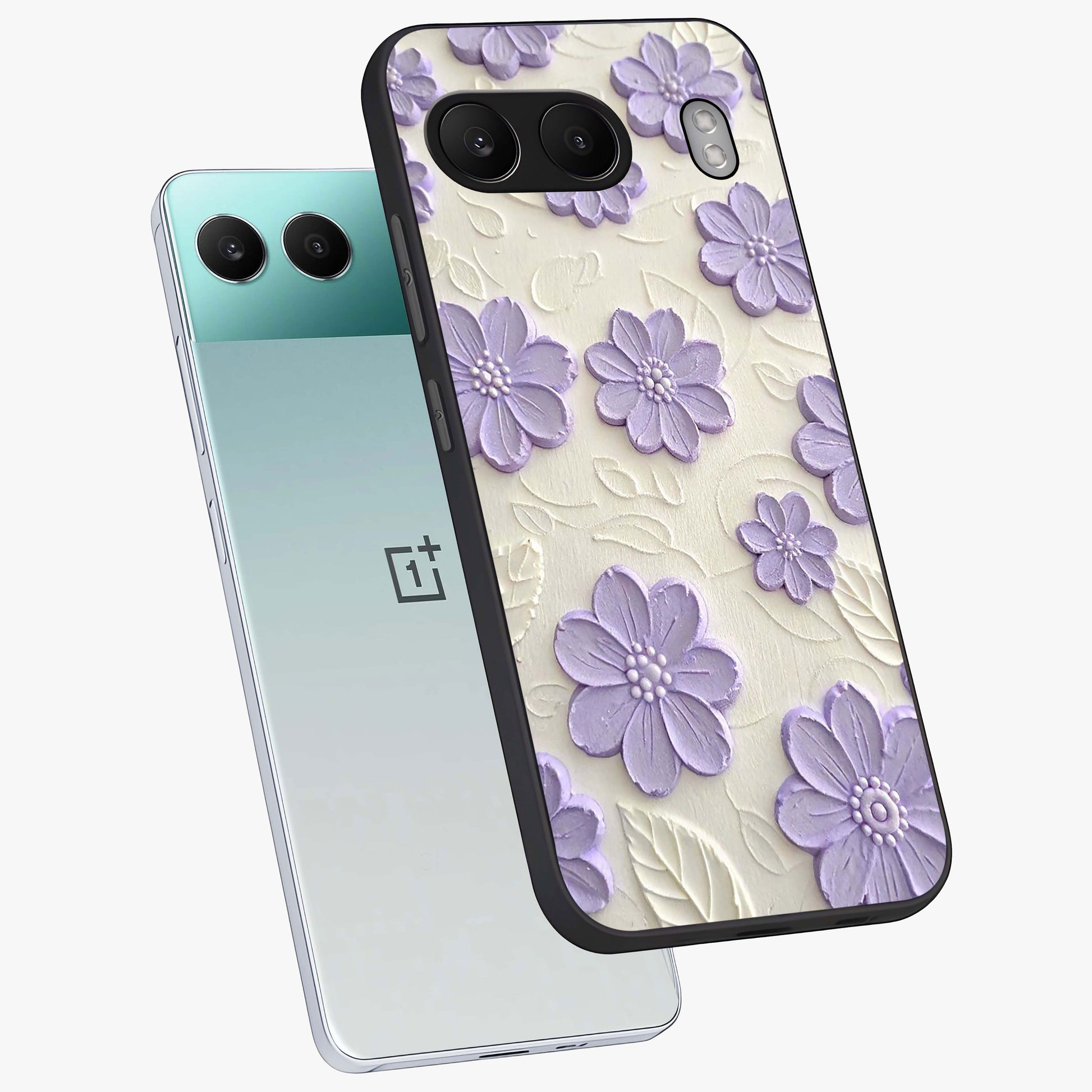 Floral Wall Art With Purple Flowers Glass Case for 1+Nord 4 angled mockup showcasing glossy finish and rich violet tones
