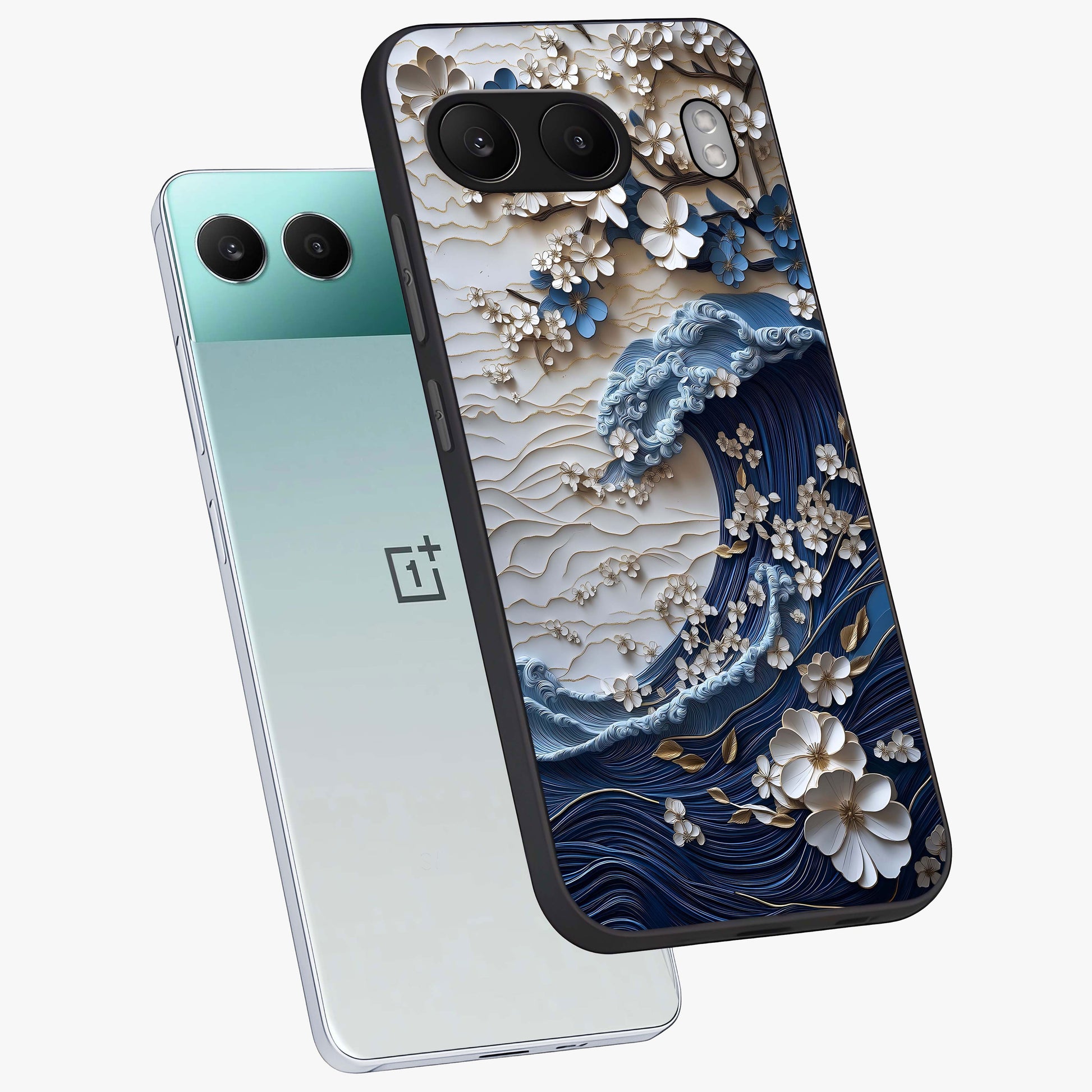 Floral Wave Origami Glass Case for 1+Nord 4 angled mockup showcasing glossy glass finish and geometric bloom detailing