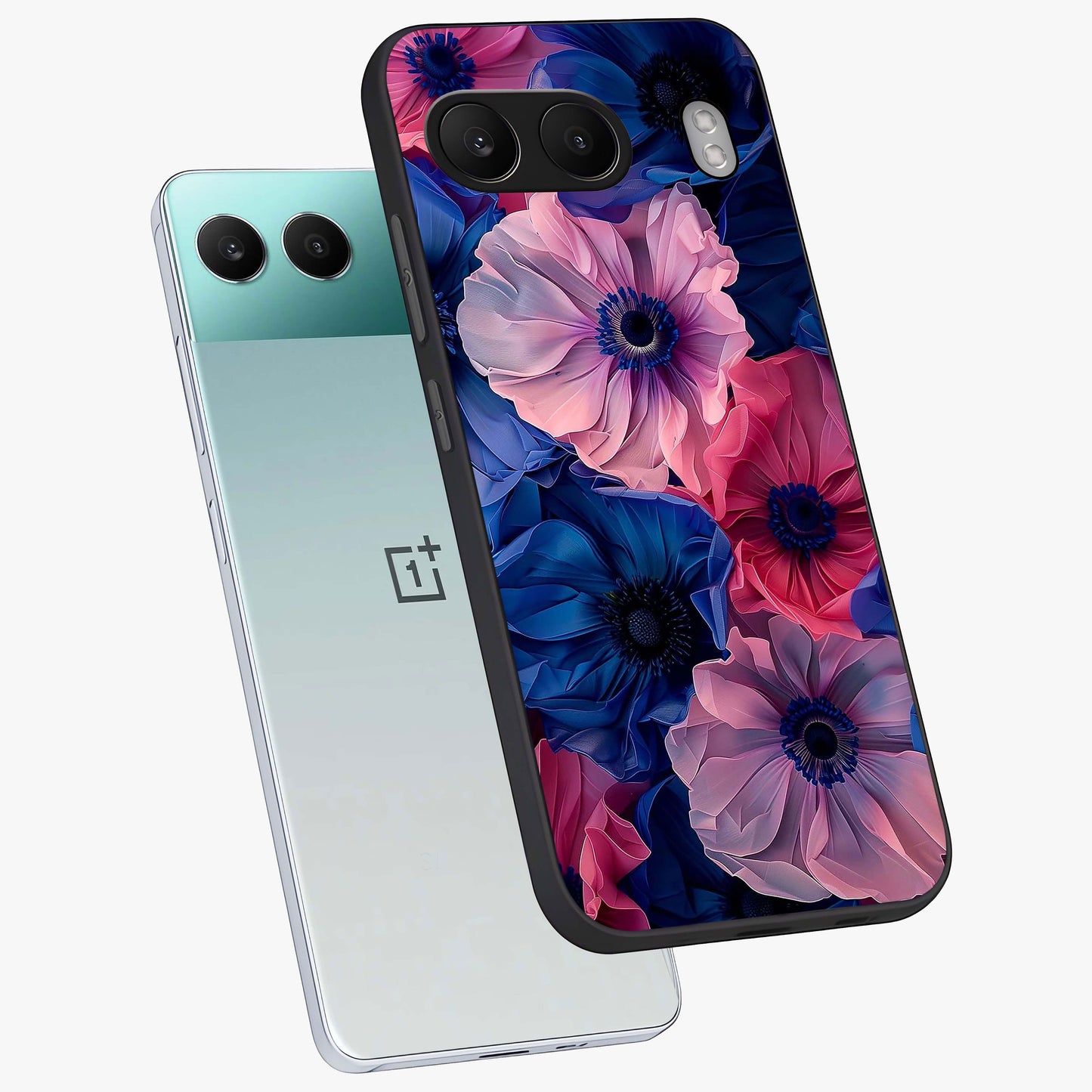 Flower Paper Art Pattern Glass Case for 1+Nord 4 angled mockup showcasing glossy finish and textured paper detailing