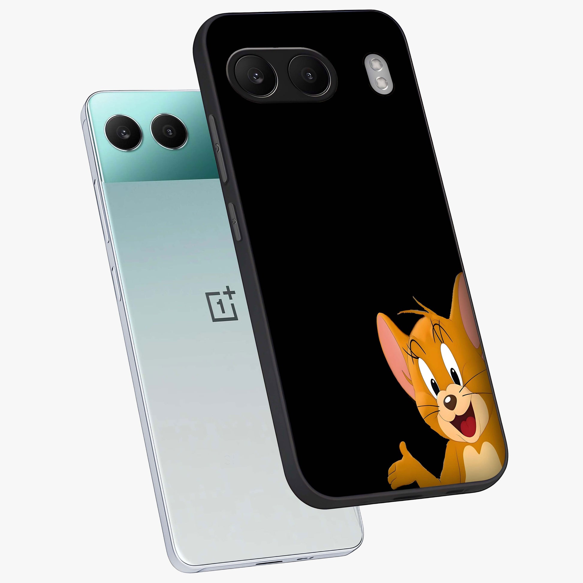 Forever Chasing Love Jerry Glass Case for 1+Nord 4 angled mockup showcasing glossy finish and vibrant character detailing
