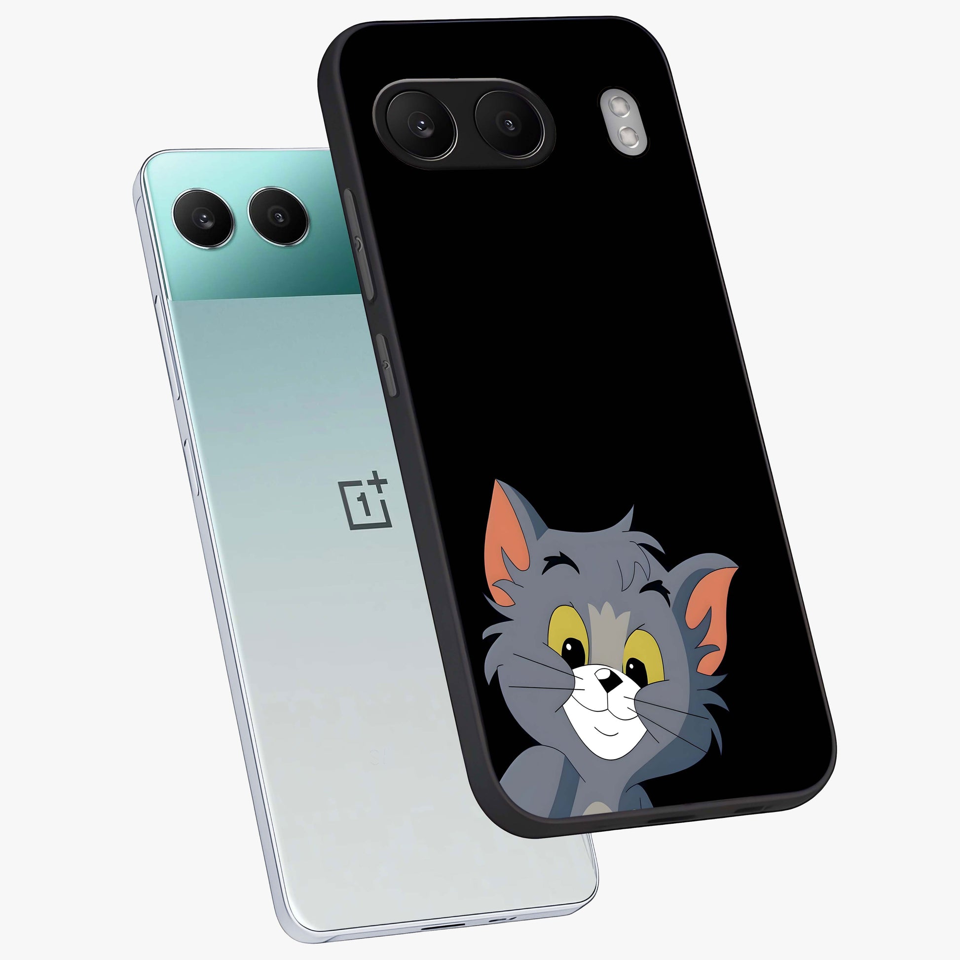 Forever Chasing Love Tom Glass Case for 1+Nord 4 angled mockup showcasing glossy finish and lively cartoon detailing