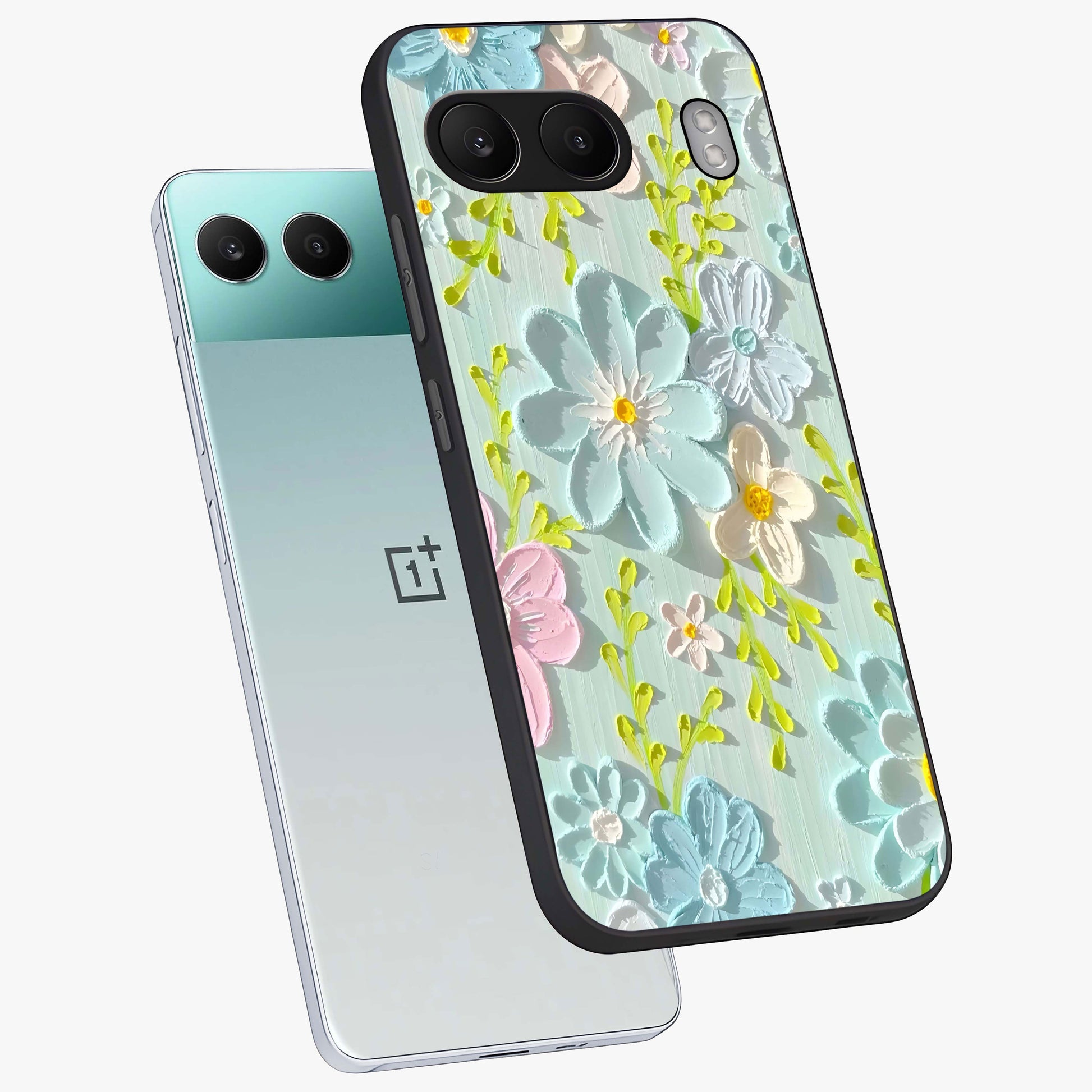 Frosted Petal Garden Glass Case for 1+Nord 4 angled mockup showcasing glossy finish and pastel bloom detailing