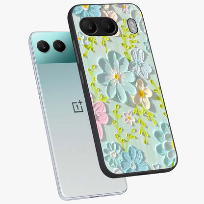 Frosted Petal Garden Glass Case for 1+Nord 4 angled mockup showcasing glossy finish and pastel bloom detailing