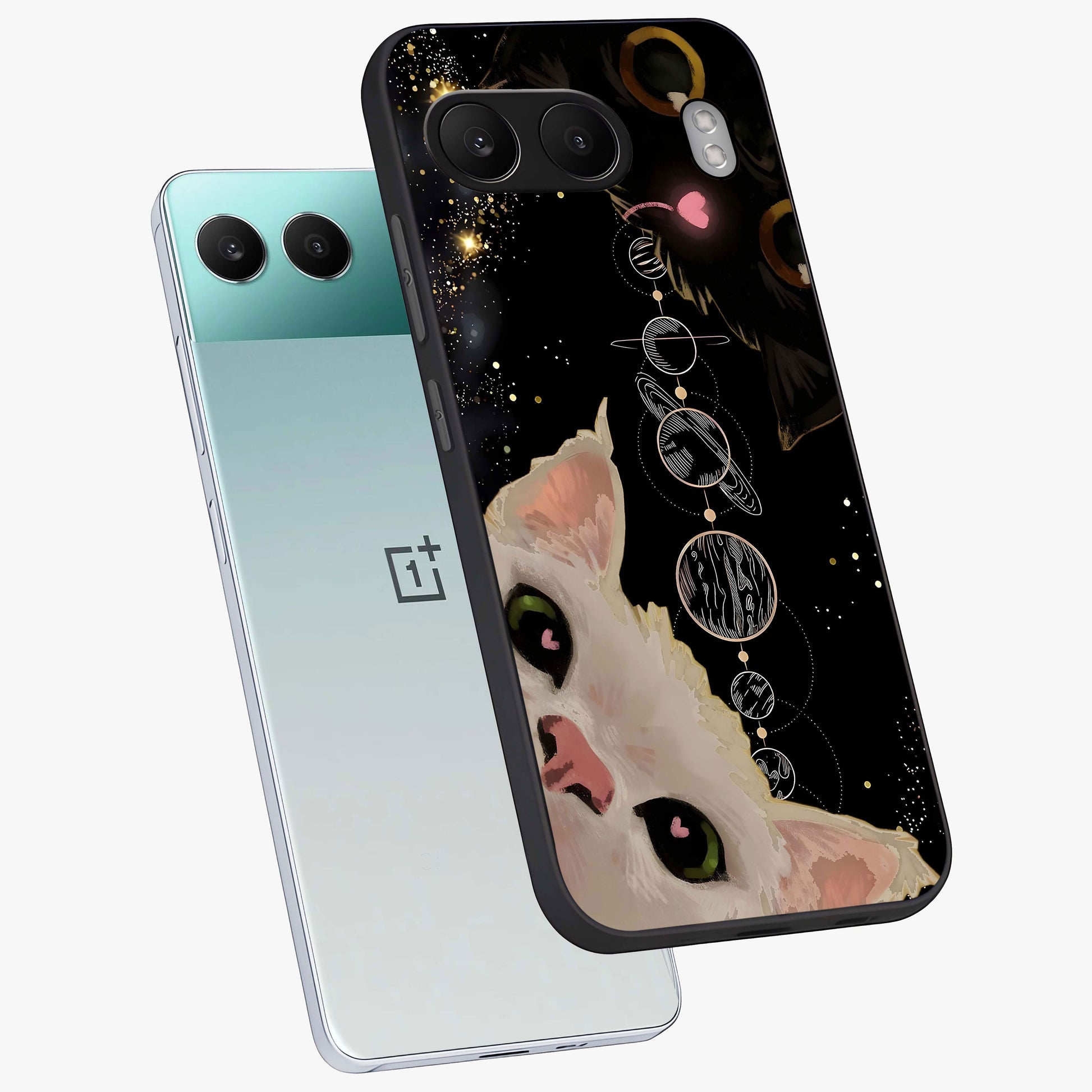 Galactic Cat Glass Case for 1+Nord 4 angled mockup showcasing glossy finish and luminous space detailing