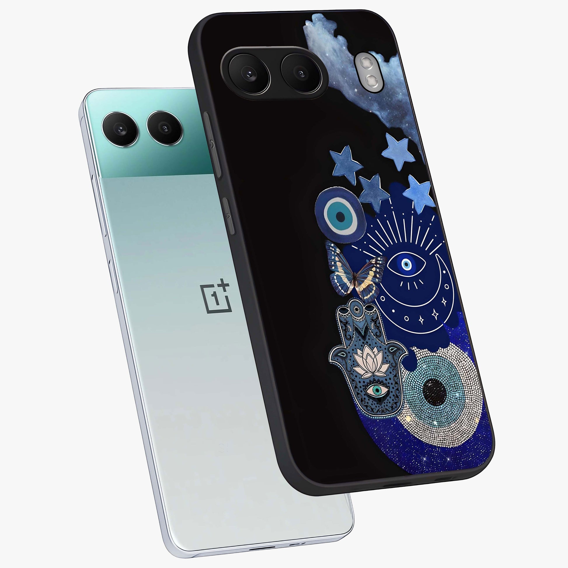 Galactic Charm Cluster Glass Case for 1+Nord 4 angled mockup showcasing glossy finish and vibrant star detailing