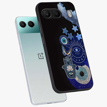 Galactic Charm Cluster Glass Case for 1+Nord 4 angled mockup showcasing glossy finish and vibrant star detailing