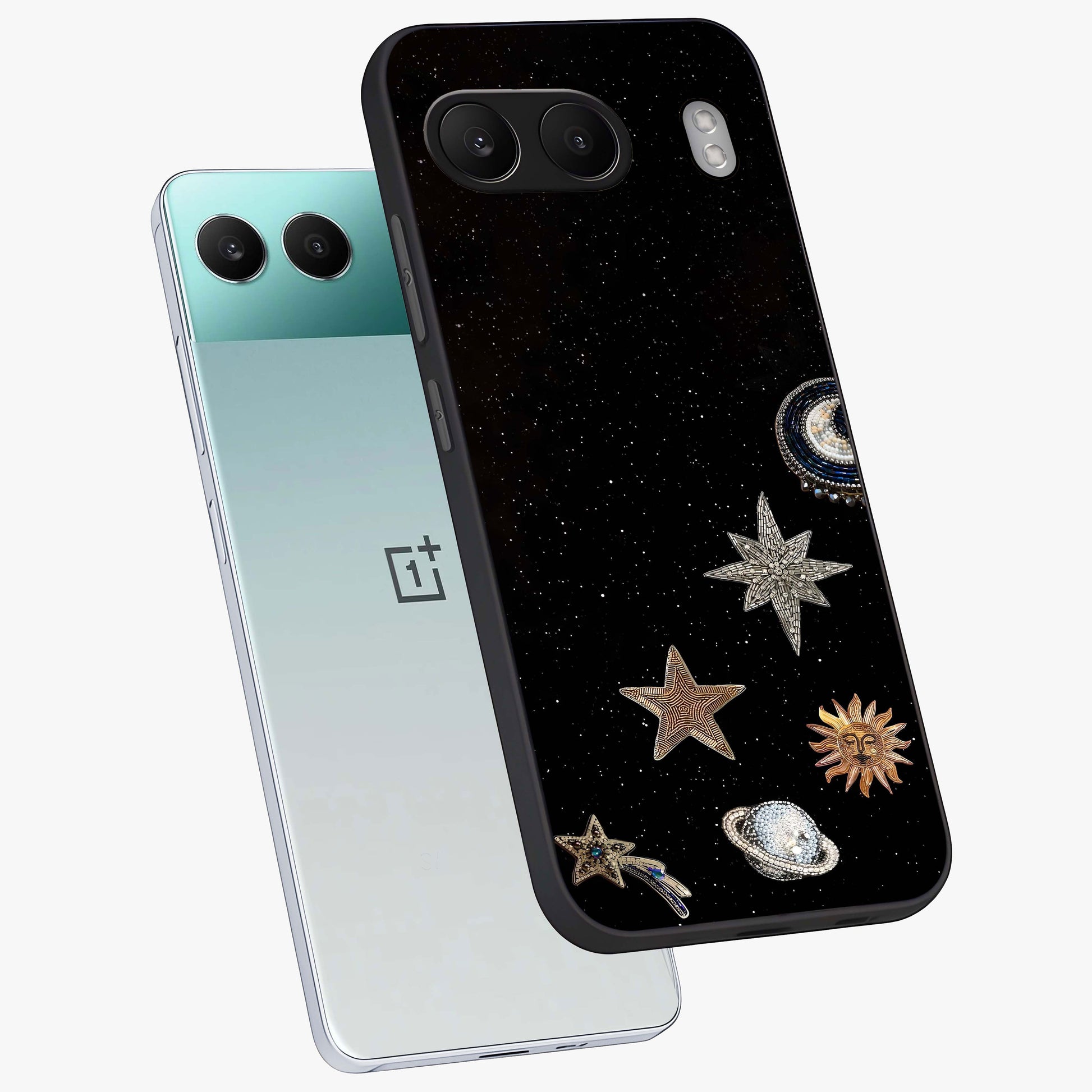 Galactic Charm Glow Glass Case for 1+Nord 4 angled mockup showcasing glossy glass finish and luminous galaxy tones