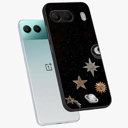 Galactic Charm Glow Glass Case for 1+Nord 4 angled mockup showcasing glossy glass finish and luminous galaxy tones