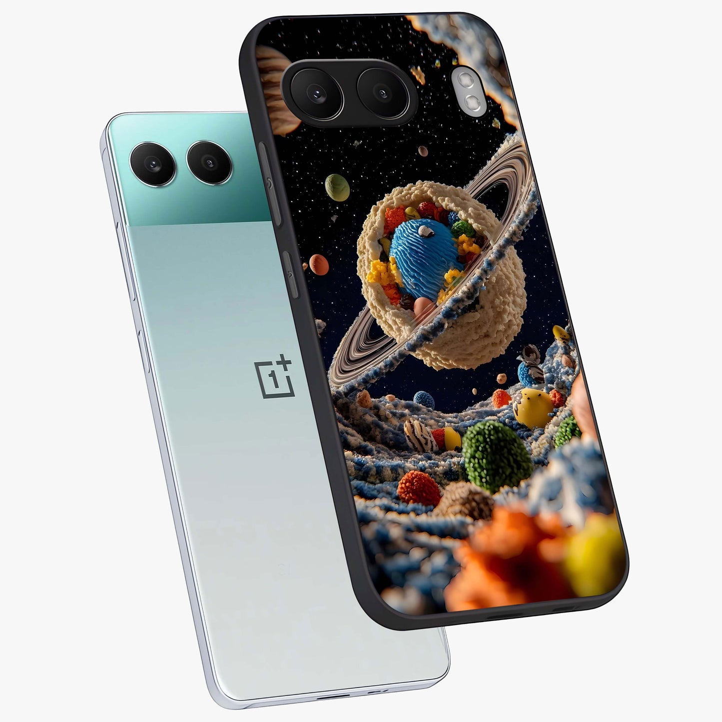 Galactic Dessert Dream Printed Glass Case for 1+Nord 4 angled mockup showcasing glossy finish and colorful galaxy tones