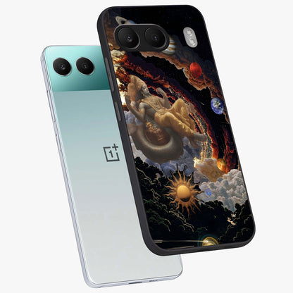 Galactic Divine God Glass Case for 1+Nord 4 angled mockup showcasing glossy finish and celestial spiritual tones