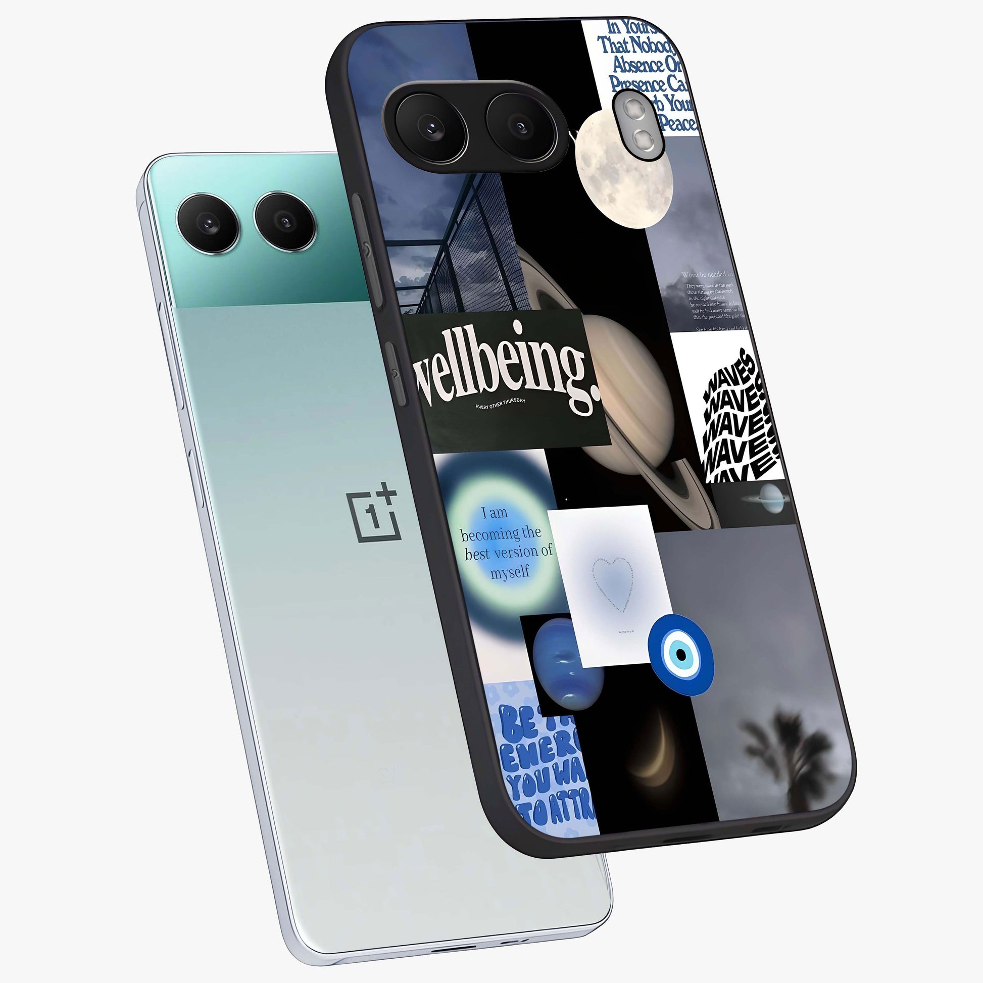 Galactic Energy Collage Glass Case for 1+Nord 4 angled mockup showcasing glossy finish and vibrant space textures