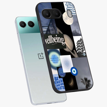 Galactic Energy Collage Glass Case for 1+Nord 4 angled mockup showcasing glossy finish and vibrant space textures