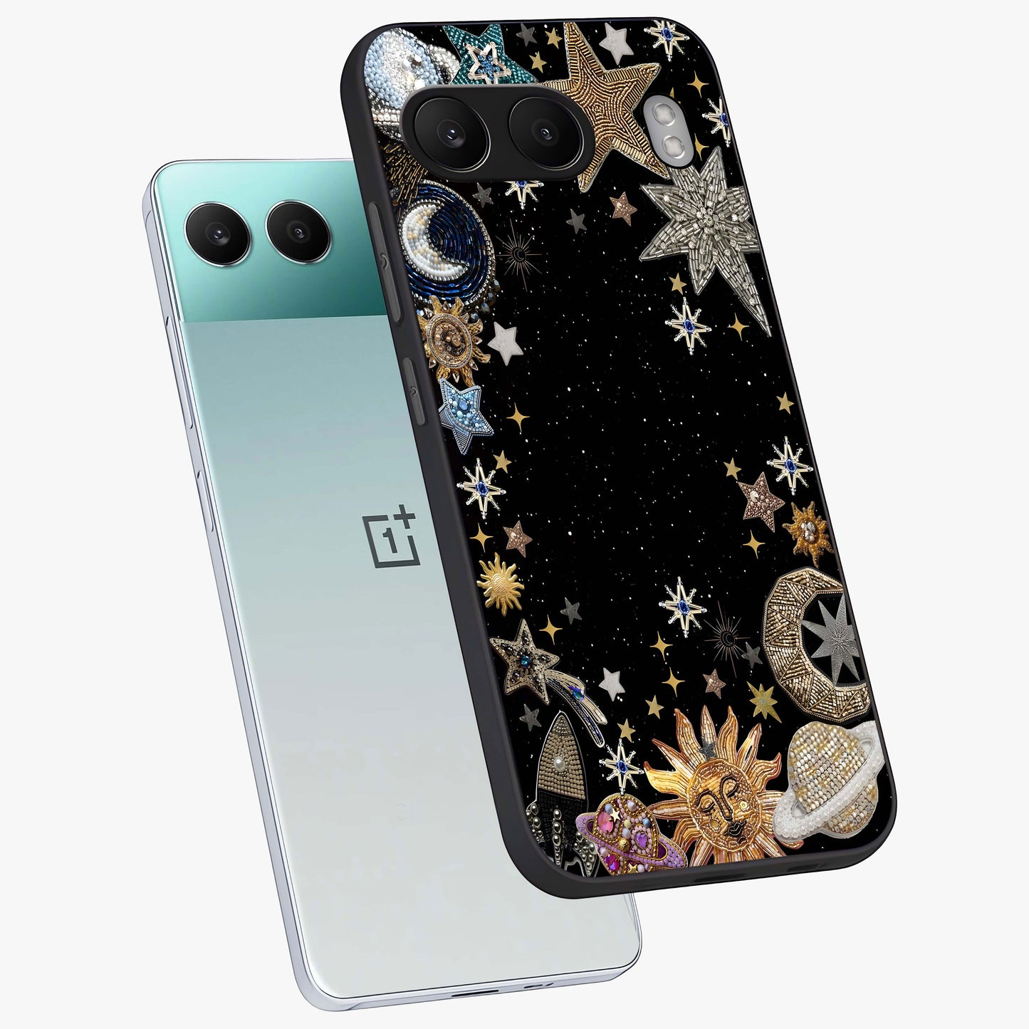 Galactic Jewel Stars Glass Case for 1+Nord 4 angled mockup showcasing glossy finish and radiant cosmic tones