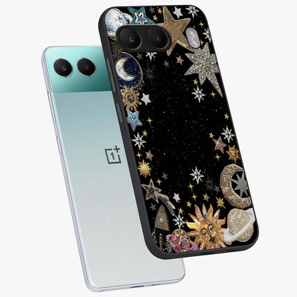 Galactic Jewel Stars Glass Case for 1+Nord 4 angled mockup showcasing glossy finish and radiant cosmic tones