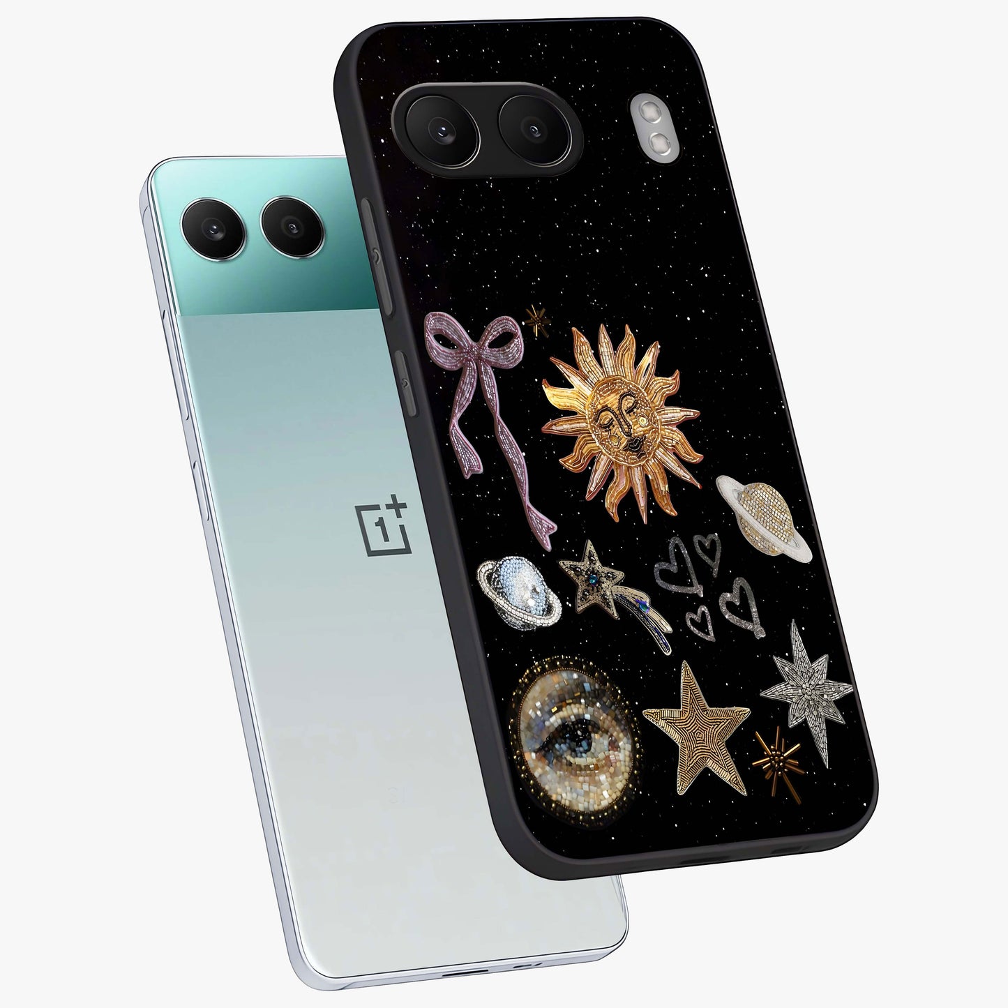 Galactic Sun Charm Glass Case for 1+Nord 4 angled mockup showcasing glossy finish and warm galaxy tones