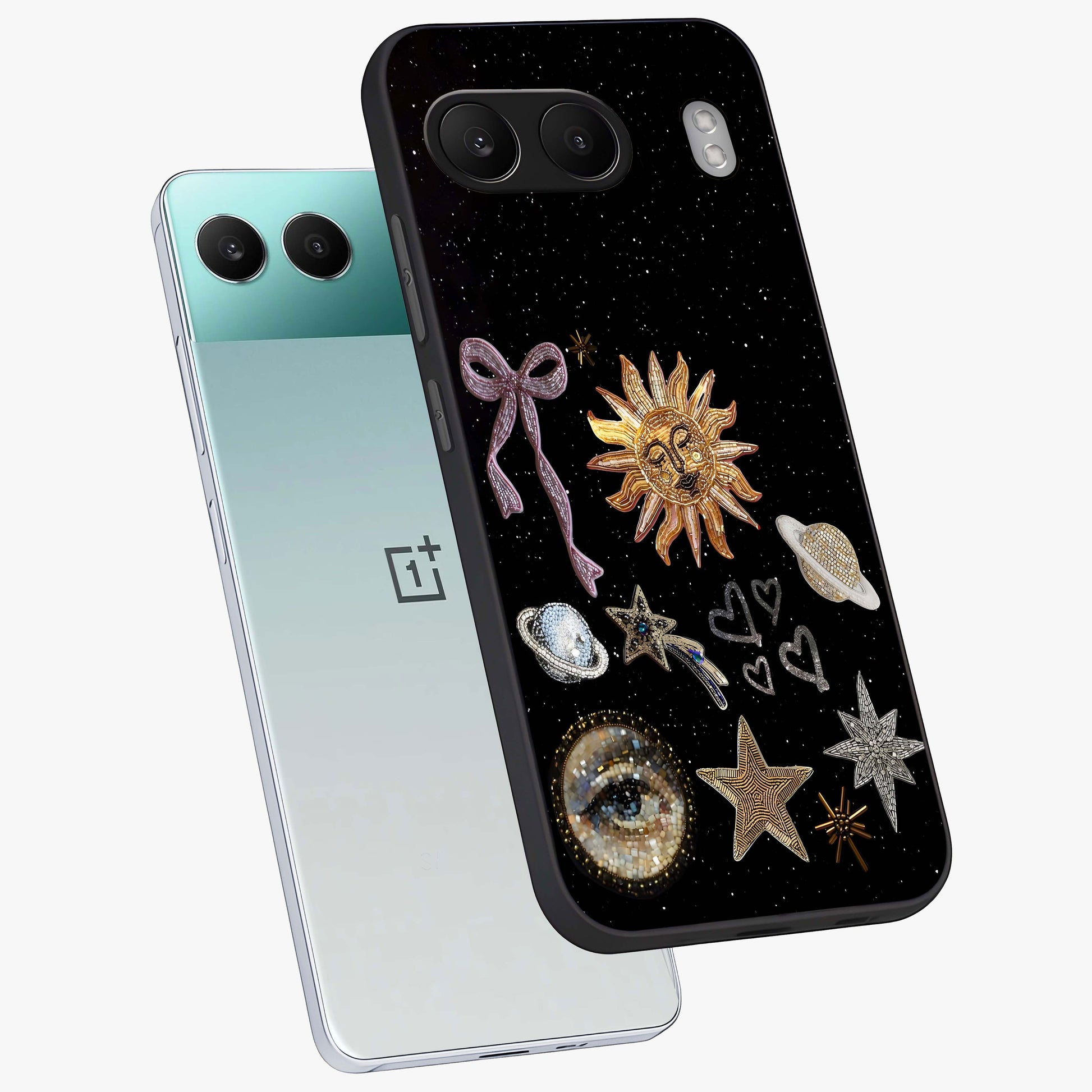 Galactic Sun Charm Glass Case for 1+Nord 4 angled mockup showcasing glossy finish and warm galaxy tones