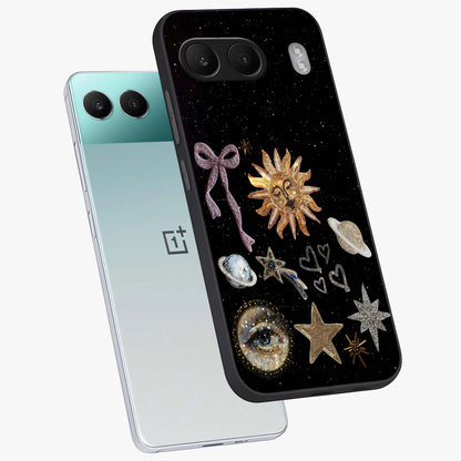 Galactic Sun Charm Glass Case for 1+Nord 4 angled mockup showcasing glossy finish and warm galaxy tones