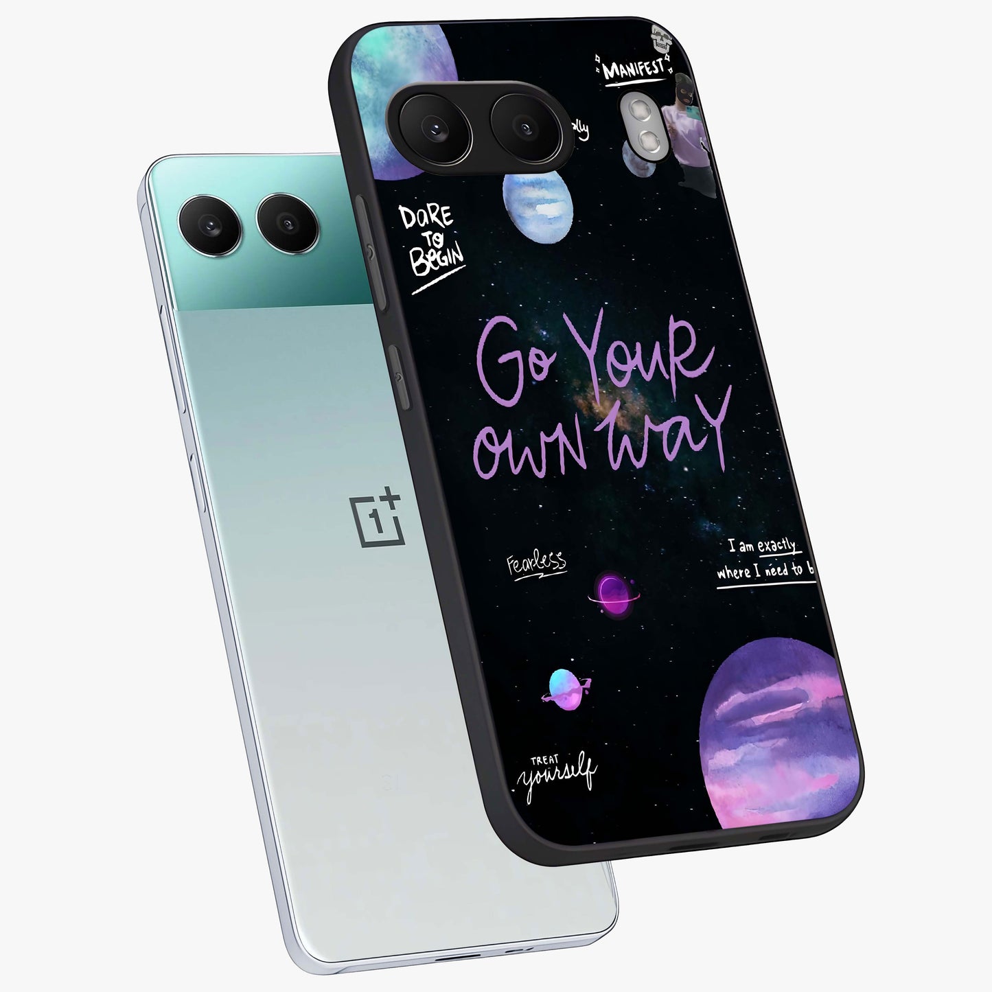 Galactic Vibes Universe Glass Case for 1+Nord 4 angled mockup showcasing glossy finish and deep space gradients