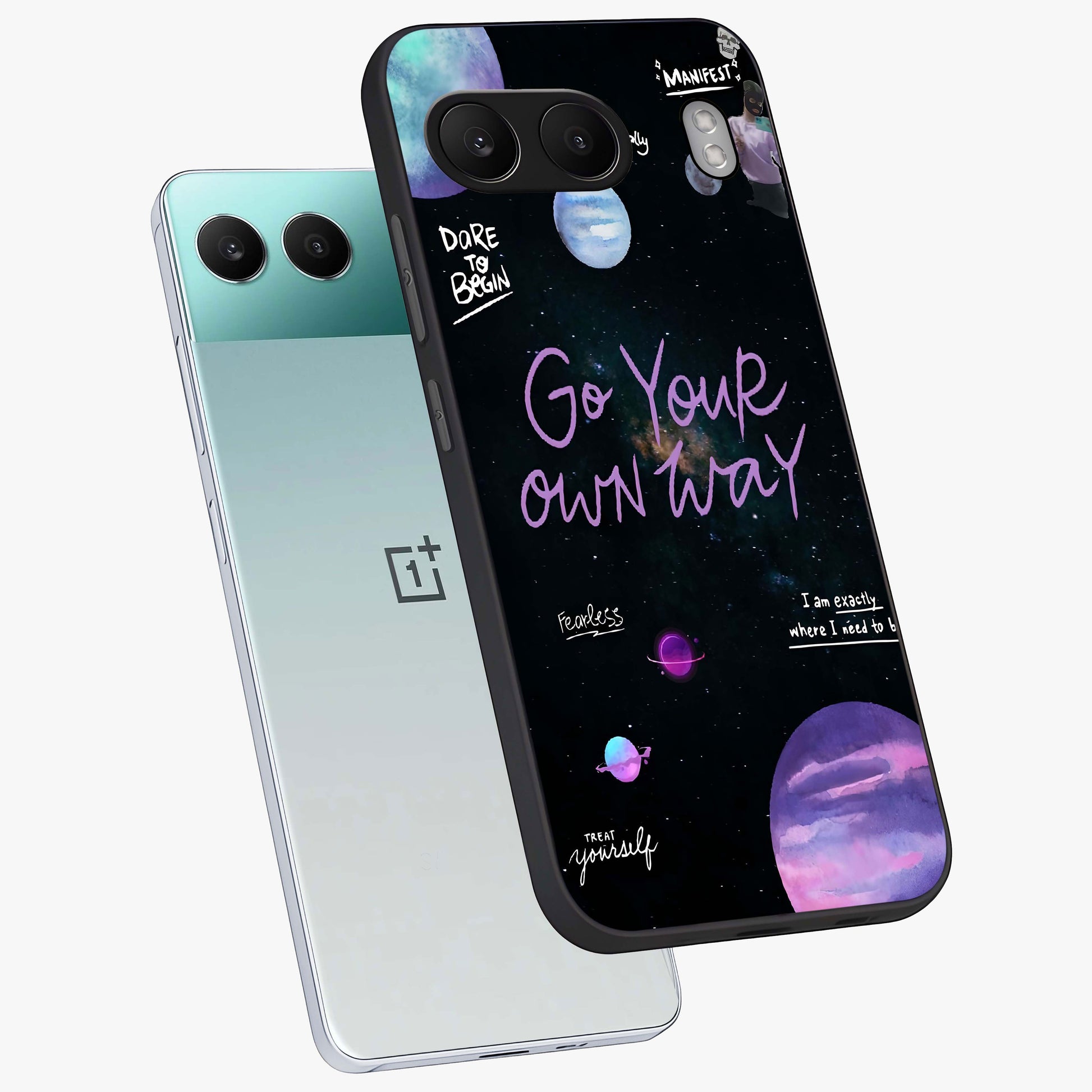Galactic Vibes Universe Glass Case for 1+Nord 4 angled mockup showcasing glossy finish and deep space gradients