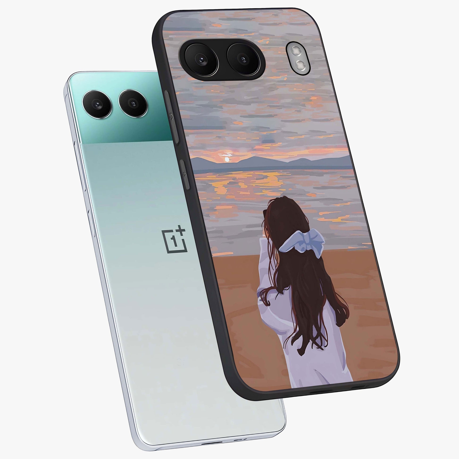 Girl Facing Sunset Beach Glass Case for 1+Nord 4 angled mockup showcasing glossy glass finish and warm beach tones