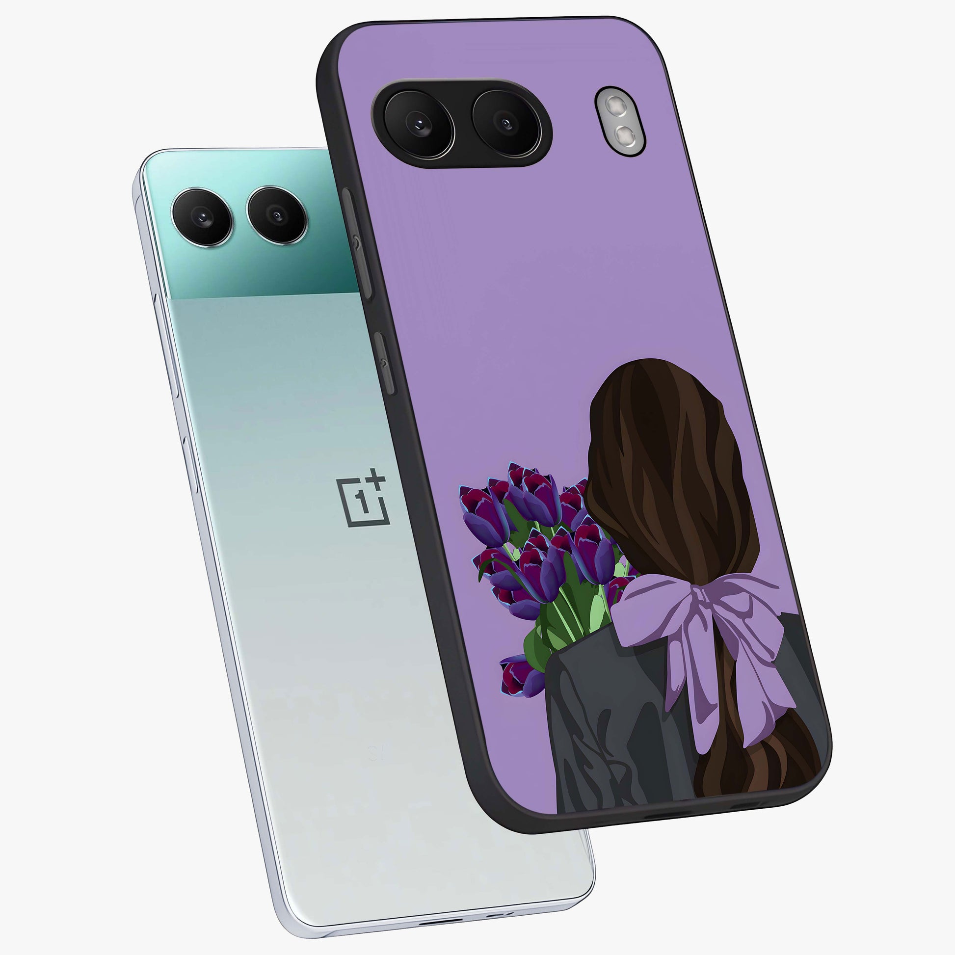 Girl Holding Flowers Glass Case for 1+Nord 4 angled mockup showcasing glossy finish and pastel bloom tones